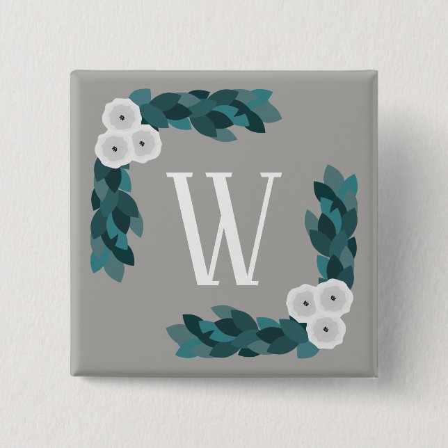 Moderne White Ranunculus Blume & Foliage Monogram Button (Vorderseite)
