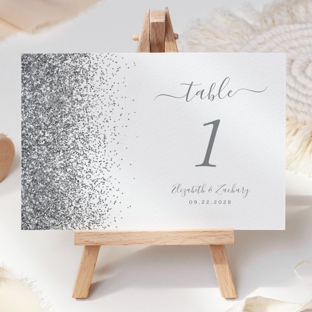 Moderne White Silver Glitzer Edge Wedding Tischnummer (Von Creator hochgeladen)