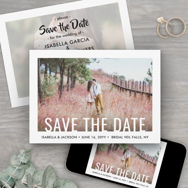 Moderne White Typografy Overlay Zwei-Foto-Hochzeit Save The Date (Von Creator hochgeladen)