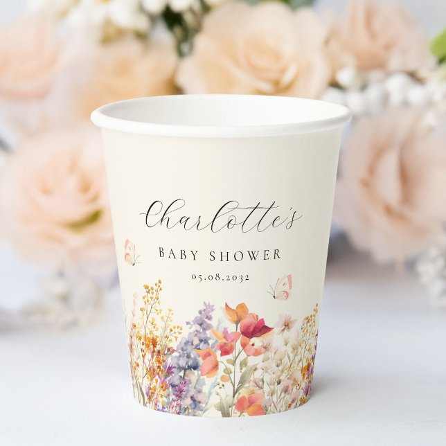 Moderne Wildblume Babydusche Pappbecher (Modern, Wildflower Baby Shower Paper Cups with your name and date. For boy and girl, gender-neutral.)