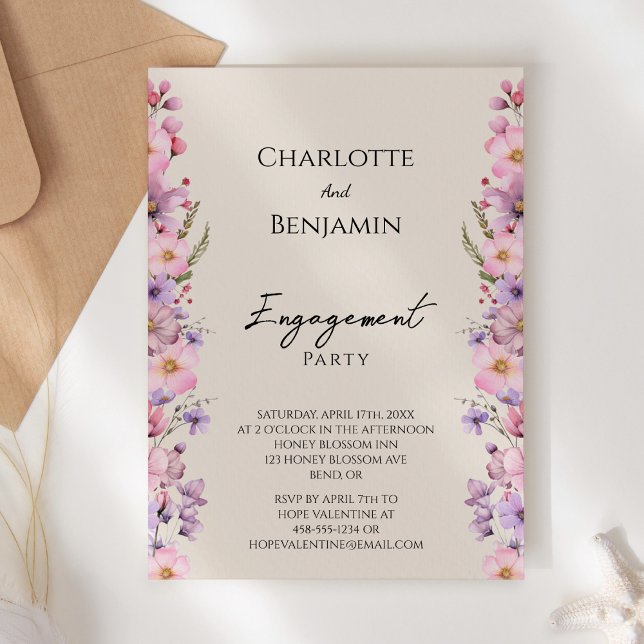 Moderne Wildblume Beige-Engagement-Partei Einladung (Von Creator hochgeladen)