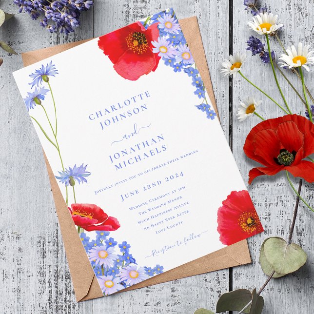 Moderne Wildblume Blue Wedding Einladung (Modern wildflower watercolor with poppy cornflower and daisy wedding invitation)