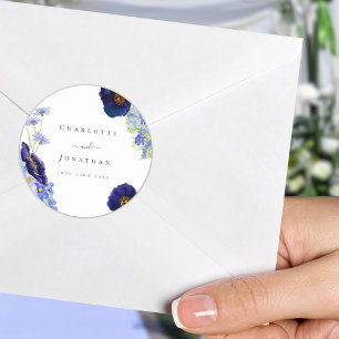 Moderne Wildblume Blue Wedding Runder Aufkleber