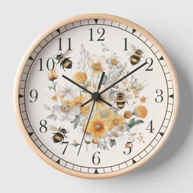 Moderne Wildblume Floral Bee Stilvolles Chic Boho Uhr (Vorderseite)