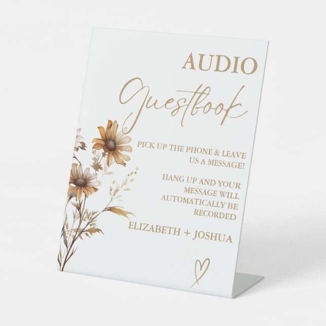 Moderne Wildblume Gold Audio Gästebuchunterschrift Sockelschild (Vorderseite)