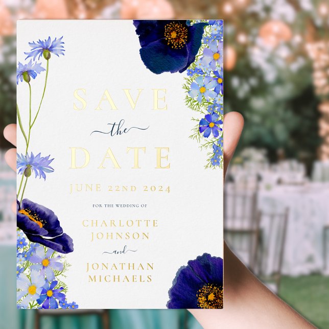 Moderne Wildblume Hochzeit Blau und Gold Folieneinladung (Modern Blue and gold foil floral wedding save the date invitation with watercolor wildflowers )