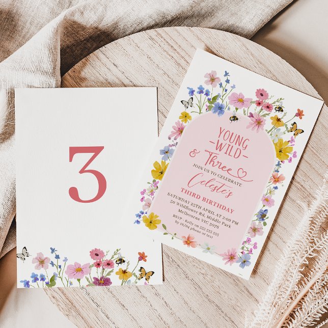 Moderne Wildblume Jung Wild Drei 3. Geburtstag  Einladung (Young Wild and Three Wildflower 3rd Birthday Invitation, Young Wild and Three Invitation Template)