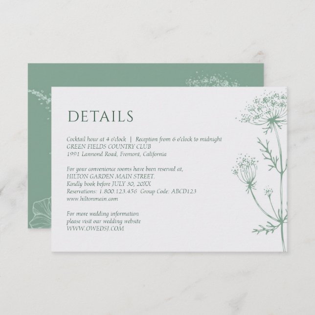 Moderne Wildblume Minimal Sage Green Wedding Begleitkarte (Vorne/Hinten)