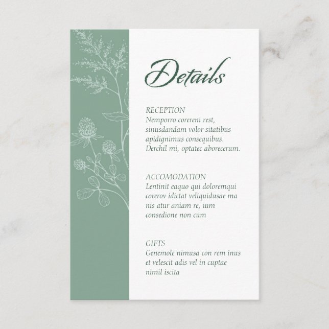 Moderne Wildblume Minimal Sage Green Wedding Begleitkarte (Vorderseite)