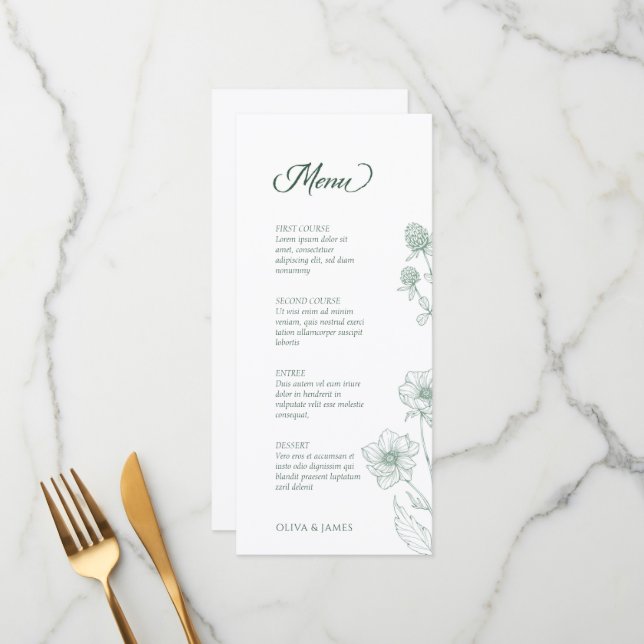 Moderne Wildblume Minimal Sage Green Wedding Menükarte (Vorderseite/Rückseite Beispiel)