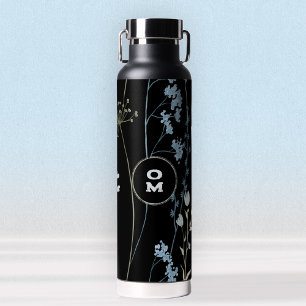 Moderne Wildblume Monogram Black Light Blue Large Trinkflasche