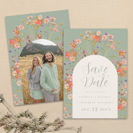 Moderne Wildblume Sage Green Foto Arch Wedding Save The Date