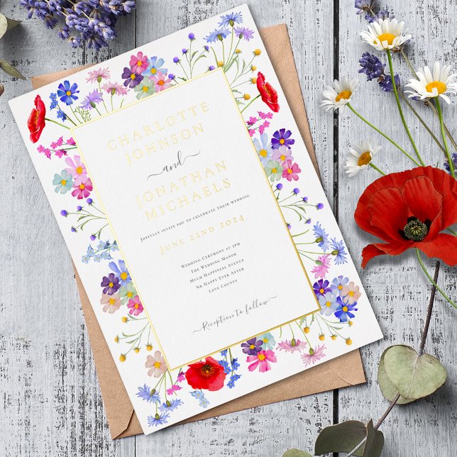 Moderne Wildblume Wasserfarben Folieneinladung (Colorful wildflower boho chic gold foil wedding invitation)