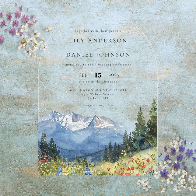Moderne Wildblume Watercolor Acryleinladungen (Modern Watercolor Mountain Wildflower Wedding Arch Acrylic Invitations)