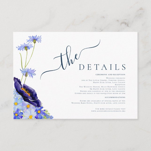 Moderne Wildblume Watercolor Blue Wedding Details Begleitkarte (Vorderseite)