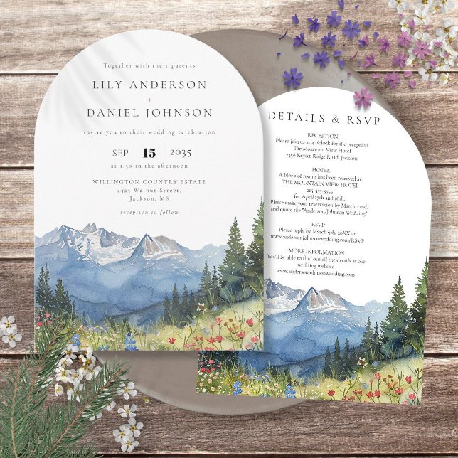 Moderne Wildblume Watercolor Einladung (Modern Watercolor Mountain Wildflower Wedding Arch Invitation)