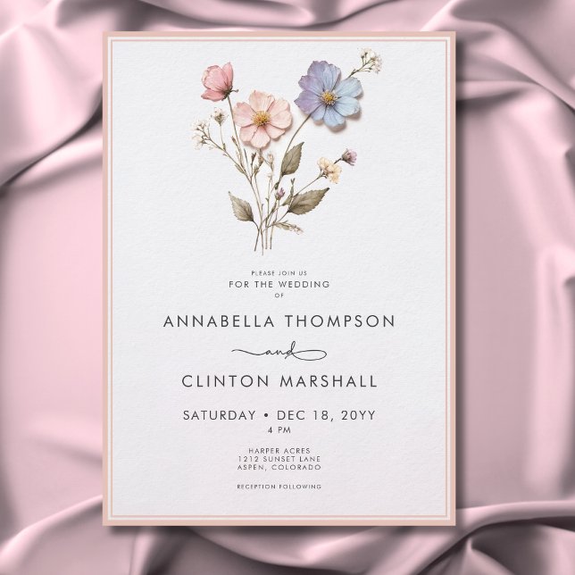 Moderne Wildblumen aus Pastellfarben Rosa Hochzeit Einladung (Modern Pressed Pastel Wildflowers Sage Wedding Invitation)