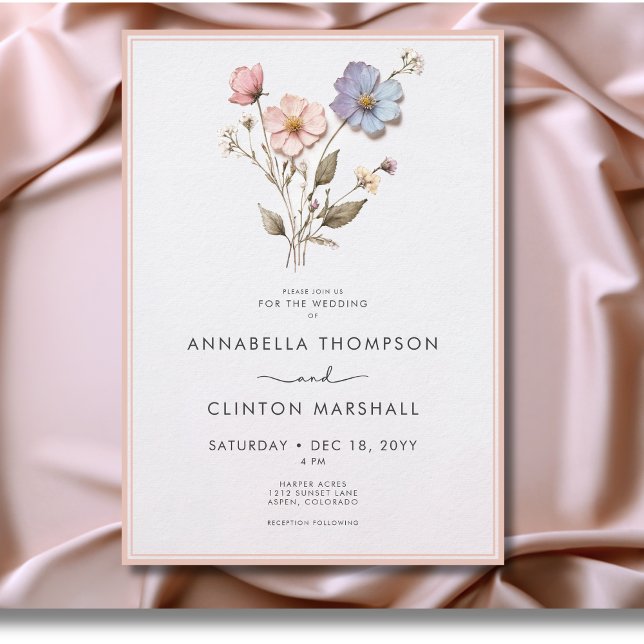 Moderne Wildblumen aus Pastellfarben Rosa Hochzeit Einladung (Modern Pressed Pastel Wildflowers Wedding Invitation)