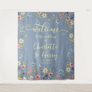 Moderne Wildblumen Blauer Hochzeitstag Begrüßung H Wandteppich