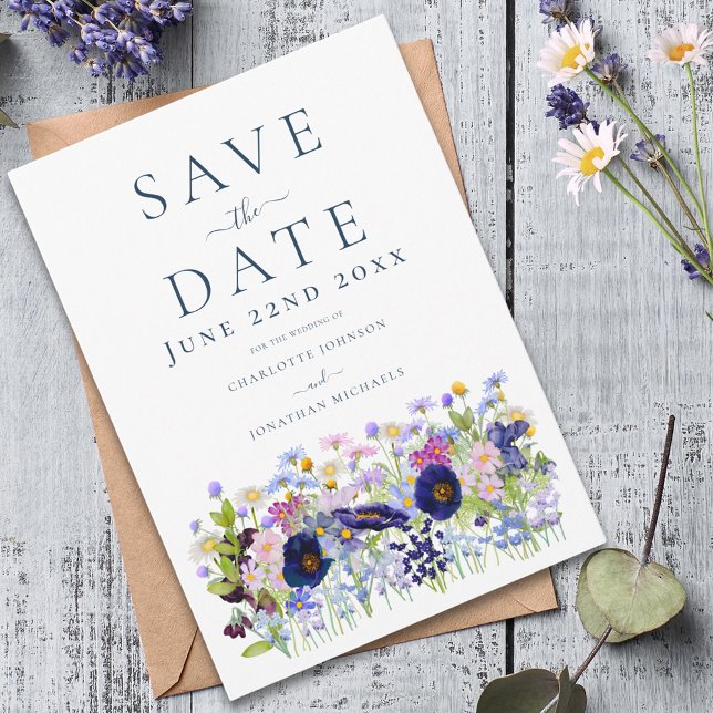 Moderne Wildblumen-Hochzeit Save The Date (Colorful wildflower meadow blue wedding save the date invitation )