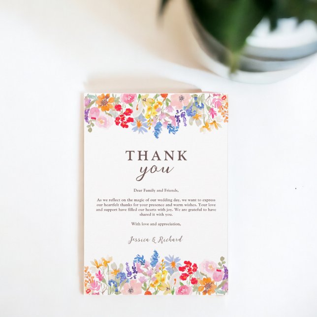 Moderne Wildblumen im Frühjahrsgarten schreiben Ho Dankeskarte (Modern spring garden wildflowers script wedding thank you card)