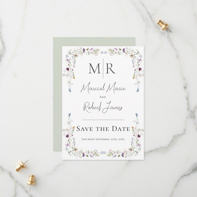 Moderne Wildblumen Mongram Grüne Hochzeit Save The Date (Vorderseite/Rückseite Beispiel)