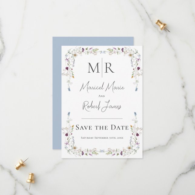 Moderne Wildblumen Monogram Blue Wedding Save The Date (Vorderseite/Rückseite Beispiel)
