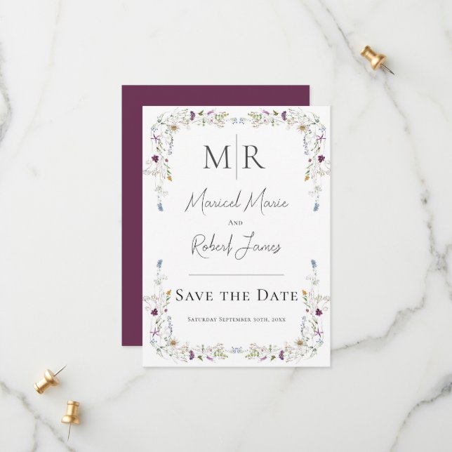 Moderne Wildblumen Monogram Burgundy Wedding Save The Date (Vorderseite/Rückseite Beispiel)