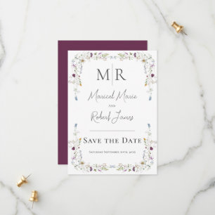 Moderne Wildblumen Monogram Burgundy Wedding Save The Date