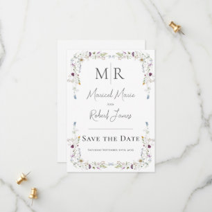 Moderne Wildblumen Monogram White Wedding Save The Date