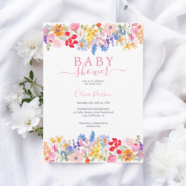 Moderne Wildblumen schreiben Babydusche Einladung (Modern garden wildflowers script baby shower invitation)