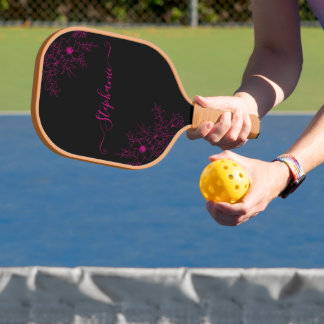 Moderne Wildblumen-Schriftname Schwarz Rosa Floral Pickleball Schläger