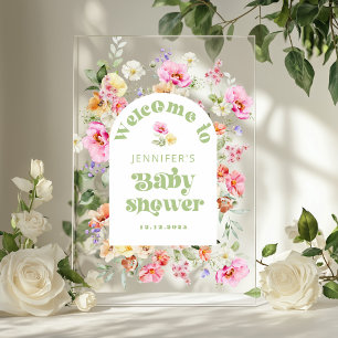 Moderne Wildblumen-Torbogen-Baby Shower Willkommen Acrylschild