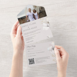 Moderne Wildblumen Watercolor Foto QRCode Wedding All In One Einladung