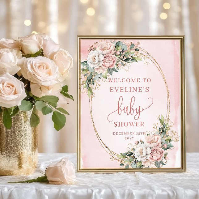 Moderne Willkommens-Rosa Blumen Gold Glitter Poster (Modern Welcome Blush Pink Flowers Gold Glitter)