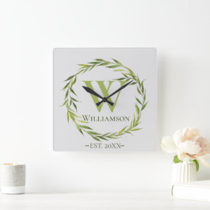 Moderne Willow-Blätter Mit Monogramm Quadratische Wanduhr
