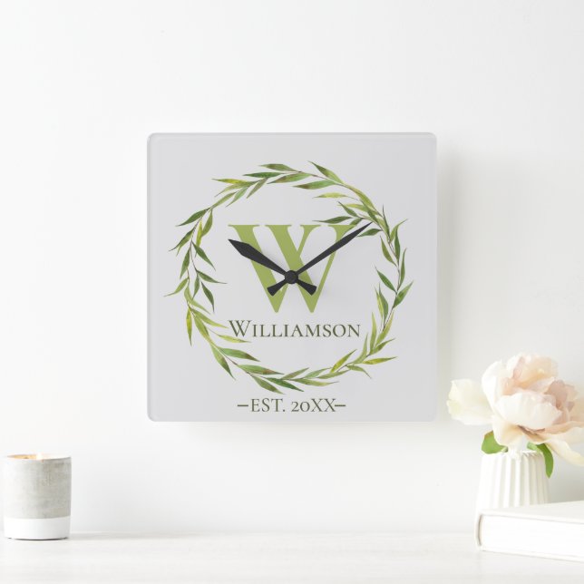 Moderne Willow-Blätter Mit Monogramm Quadratische Wanduhr (Zuhause)