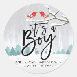 Moderne Winter Baby-Dusche / Es ist eine Boy-Snow- Runder Aufkleber