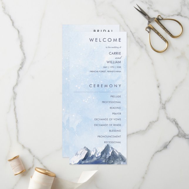 Moderne Winter-Gebirgs-Hochzeit Programm (Vorderseite/Rückseite Beispiel)