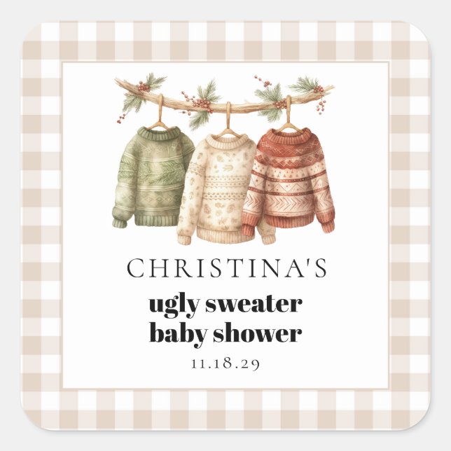 Moderne Winter Ugly Sweater Baby Dusche Quadratischer Aufkleber (Vorderseite)