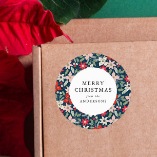 Moderne Winterblumen Navy Frohe Weihnachten Runder Aufkleber