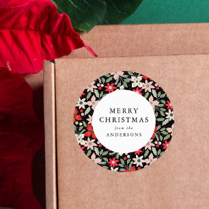 Moderne winterliche Floral Black Merry Christmas Runder Aufkleber