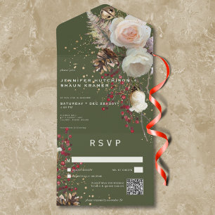 Moderne Winterrosen & Rote Beeren Grün QR-Code All In One Einladung