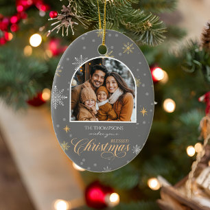 Moderne Winterschneeflocken Foto Grau Weihnachten Keramik Ornament