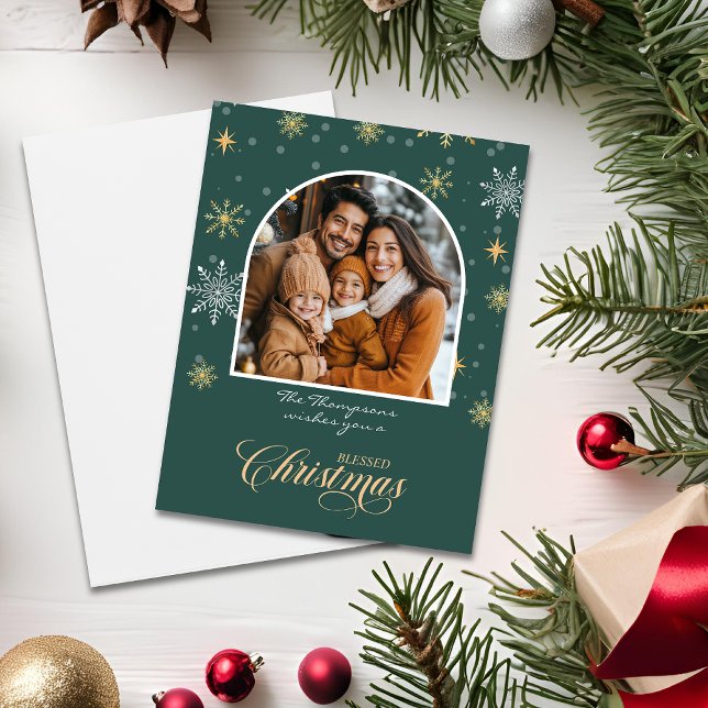 Moderne Winterschneeflocken Foto Grün Weihnachten Karte (Von Creator hochgeladen)