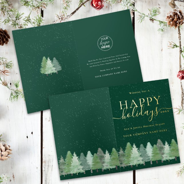 Moderne Winterwald Firmenlogo Grün Gold (Modern winter woodland company logo happy holidays business customer green and gold foil card)
