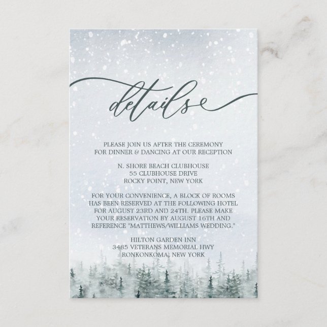 Moderne Winterwald-Hochzeit Eleganz Begleitkarte (Vorderseite)