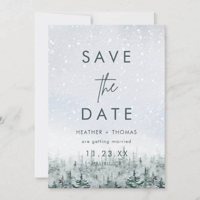 Moderne Winterwald-Hochzeit Save the Date (Vorderseite)