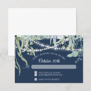 Moderne Winzerei Eukalyptus Lichterkette Navy RSVP Einladung