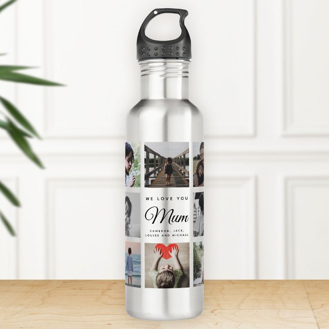 Moderne WIR LIEBE SIE MUM Foto Collage Cool Edelstahlflasche (Silver water bottle on a wooden surface featuring family photos and the text "We love you Mum")